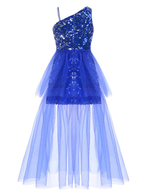 Kids Girls One Shoulder Sleeveless Sequin Mesh Prom Dress thumb