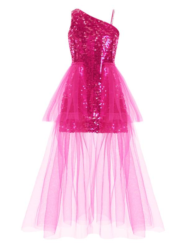 Kids Girls One Shoulder Sleeveless Sequin Mesh Prom Dress thumb