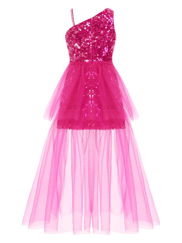 Kids Girls One Shoulder Sleeveless Sequin Mesh Prom Dress thumb