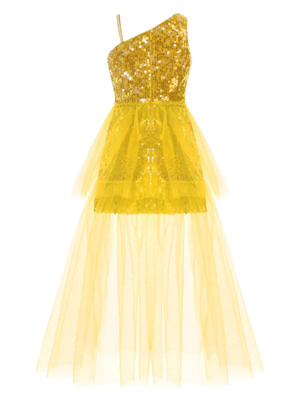 Kids Girls One Shoulder Sleeveless Sequin Mesh Prom Dress thumb