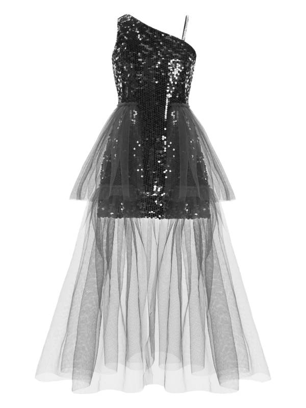 Kids Girls One Shoulder Sleeveless Sequin Mesh Prom Dress thumb