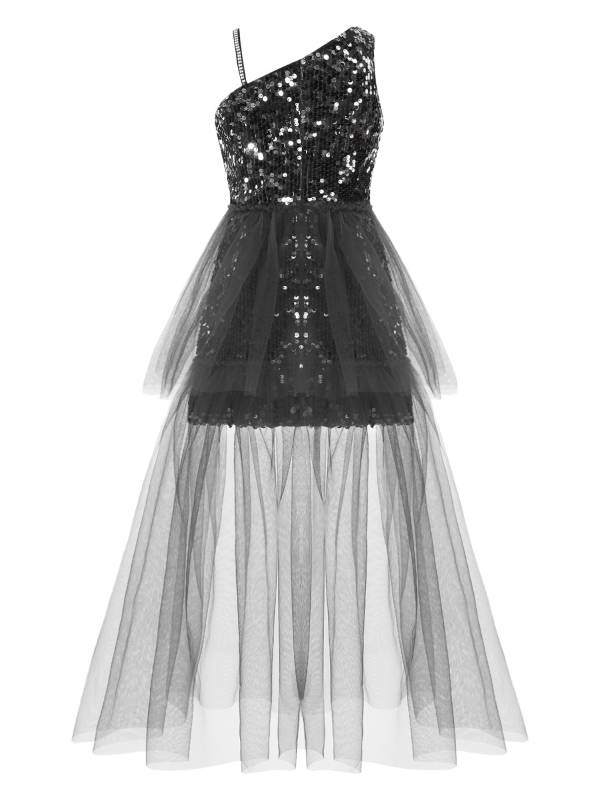 Kids Girls One Shoulder Sleeveless Sequin Mesh Prom Dress thumb