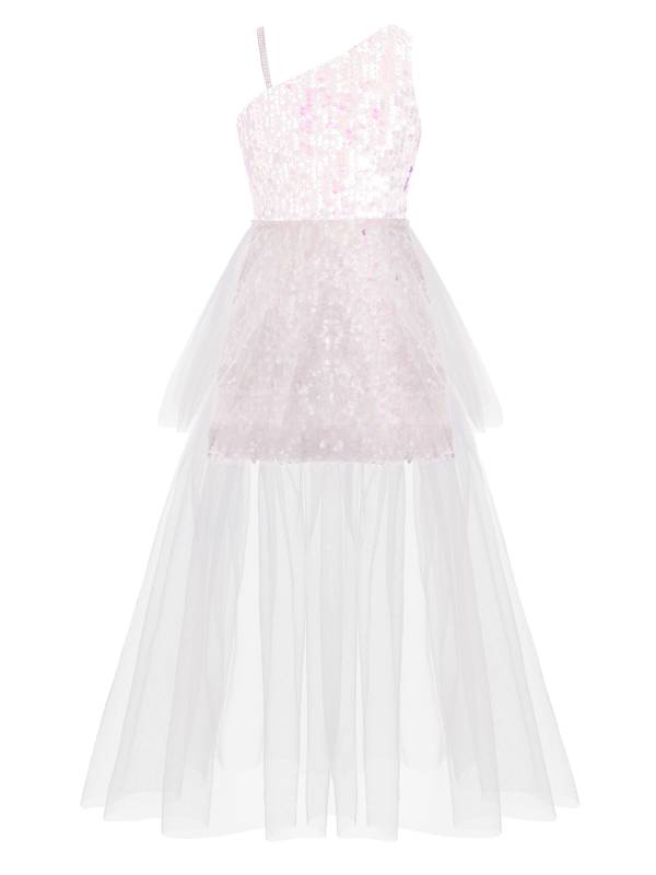 Kids Girls One Shoulder Sleeveless Sequin Mesh Prom Dress thumb