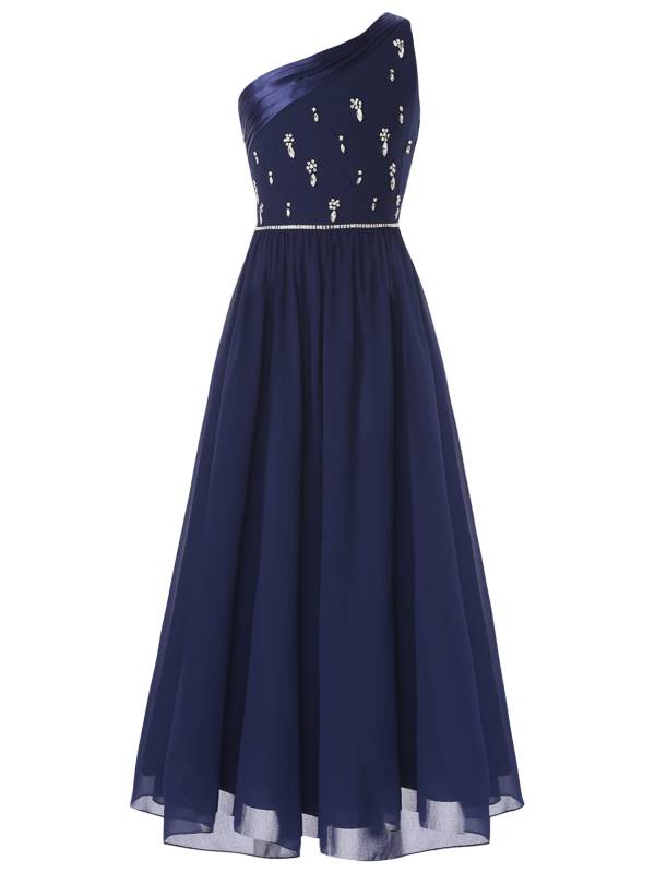 Girls One Shoulder Rhinestones Beaded Chiffon A-line Junior Bridesmaid Dress thumb