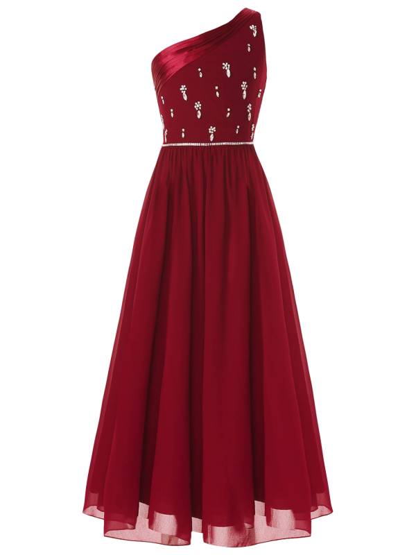 Girls One Shoulder Rhinestones Beaded Chiffon A-line Junior Bridesmaid Dress thumb