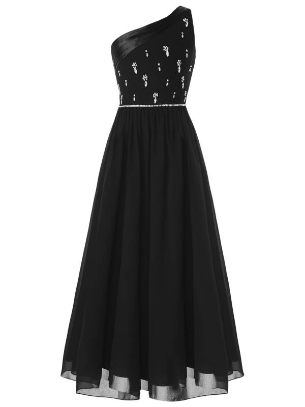 Girls One Shoulder Rhinestones Beaded Chiffon A-line Junior Bridesmaid Dress thumb