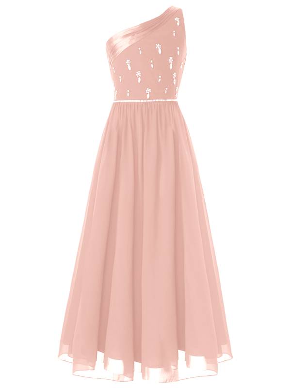 Girls One Shoulder Rhinestones Beaded Chiffon A-line Junior Bridesmaid Dress thumb
