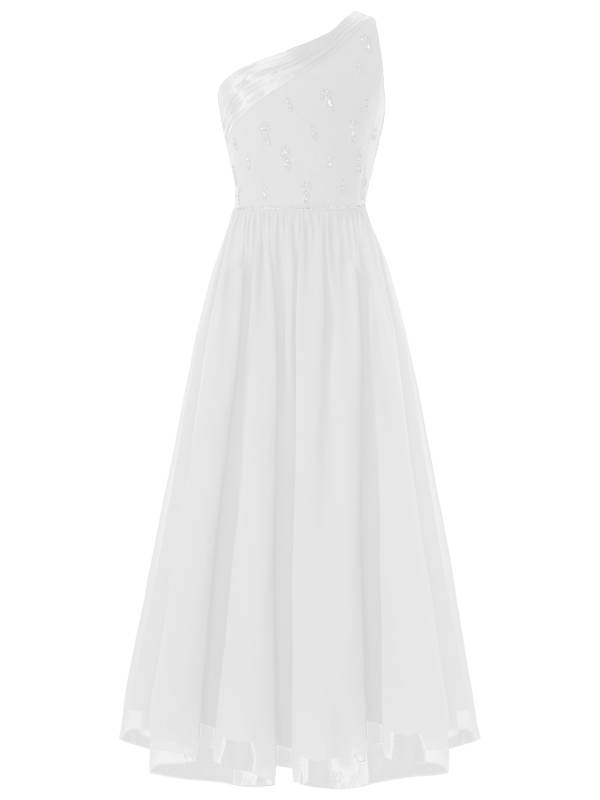 Girls One Shoulder Rhinestones Beaded Chiffon A-line Junior Bridesmaid Dress thumb