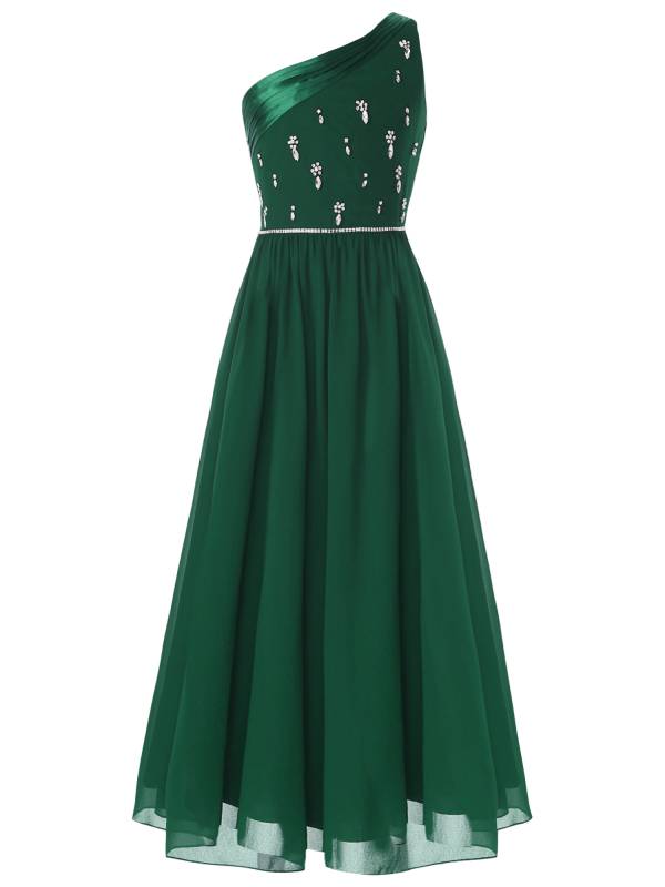 Girls One Shoulder Rhinestones Beaded Chiffon A-line Junior Bridesmaid Dress thumb
