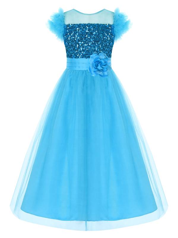 Kids Girls Sleeveless Sequin Mesh Maxi Flower Girl Dress with Belt thumb
