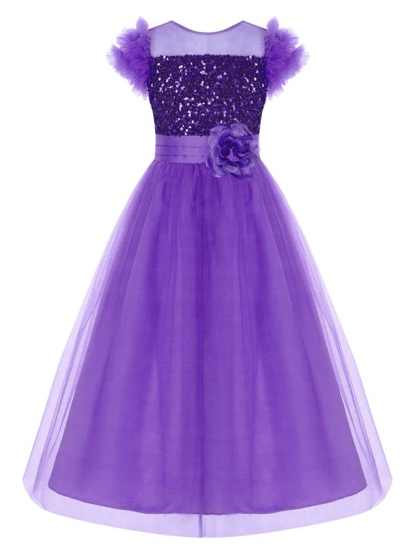Kids Girls Sleeveless Sequin Mesh Maxi Flower Girl Dress with Belt thumb