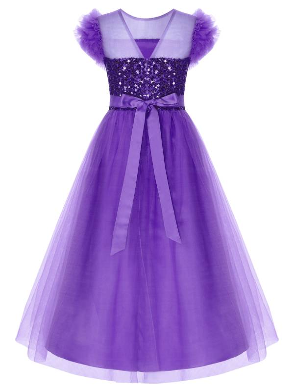Kids Girls Sleeveless Sequin Mesh Maxi Flower Girl Dress with Belt thumb