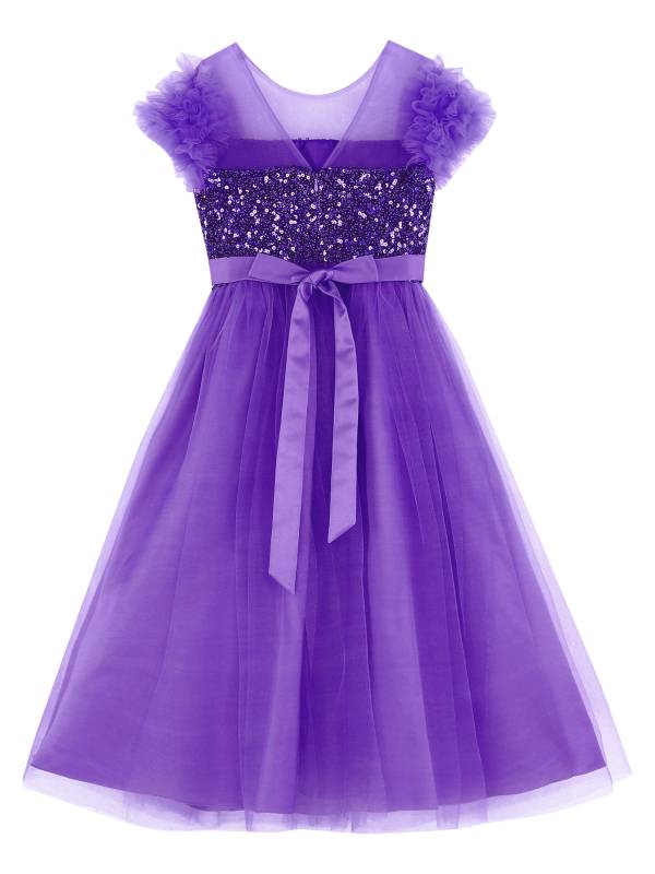 Kids Girls Sleeveless Sequin Mesh Maxi Flower Girl Dress with Belt thumb