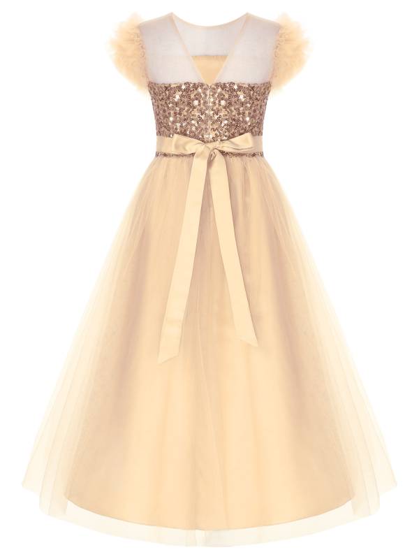 Kids Girls Sleeveless Sequin Mesh Maxi Flower Girl Dress with Belt thumb