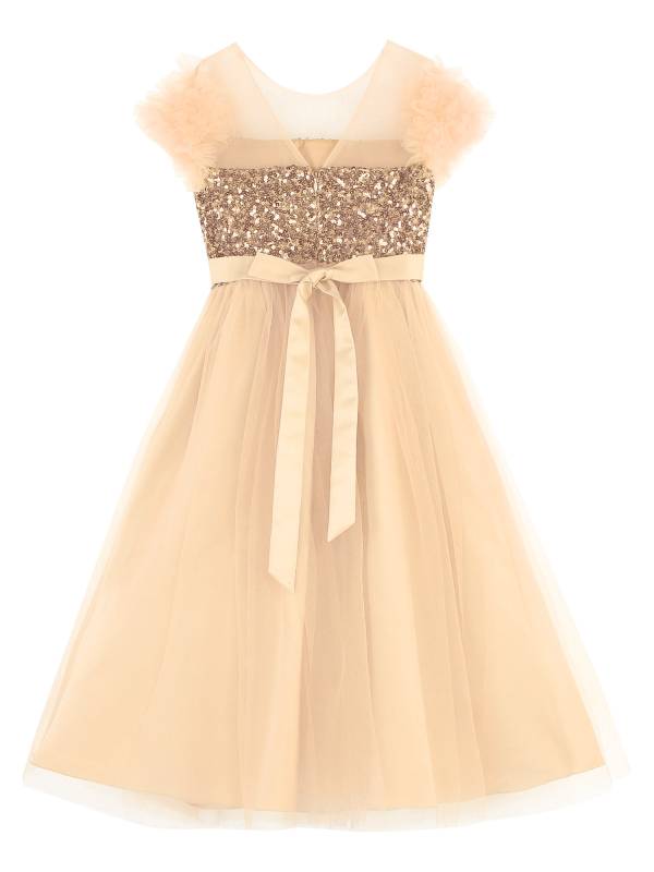 Kids Girls Sleeveless Sequin Mesh Maxi Flower Girl Dress with Belt thumb