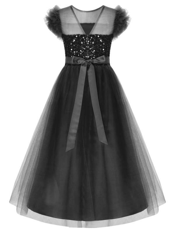 Kids Girls Sleeveless Sequin Mesh Maxi Flower Girl Dress with Belt thumb