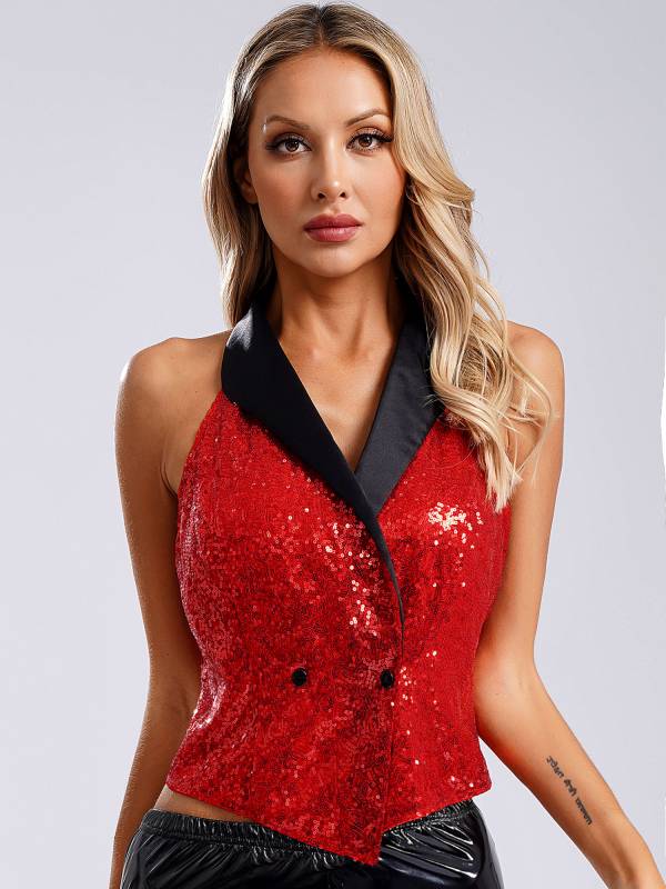 Women V-neck Lapel Sleeveless Sequin Button Top for Evening Party thumb