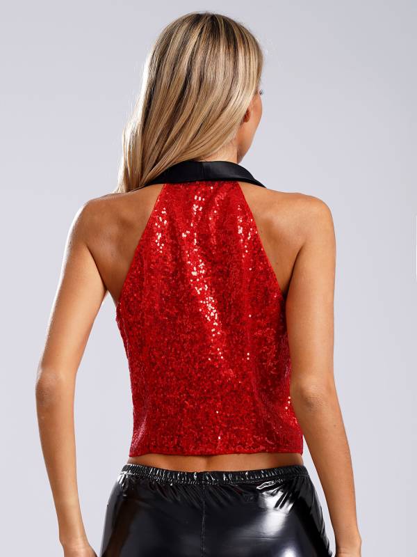 Women V-neck Lapel Sleeveless Sequin Button Top for Evening Party thumb