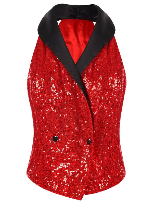 Women V-neck Lapel Sleeveless Sequin Button Top for Evening Party thumb