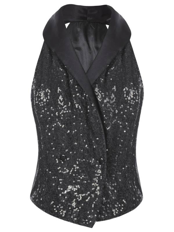 Women V-neck Lapel Sleeveless Sequin Button Top for Evening Party thumb