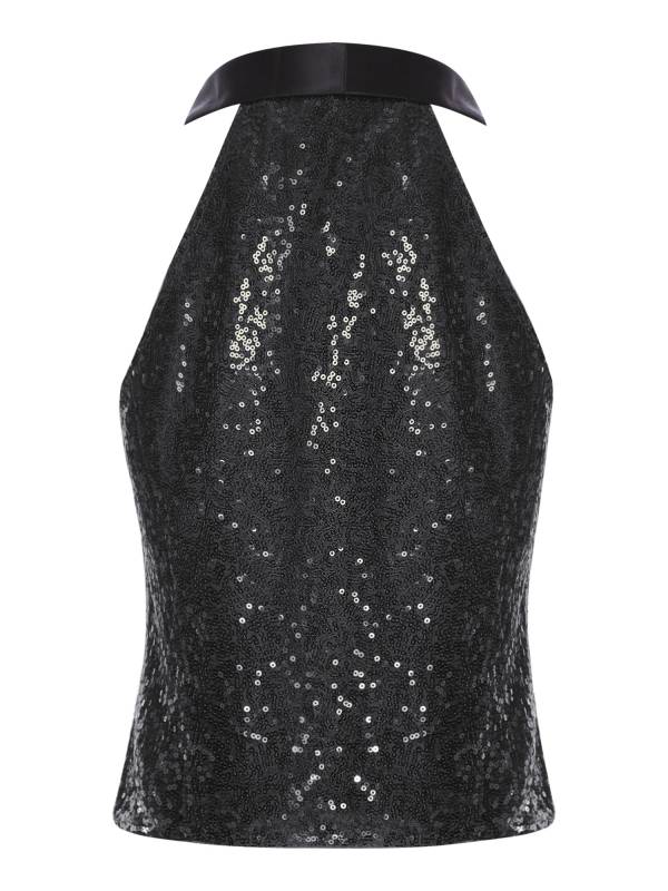 Women V-neck Lapel Sleeveless Sequin Button Top for Evening Party thumb