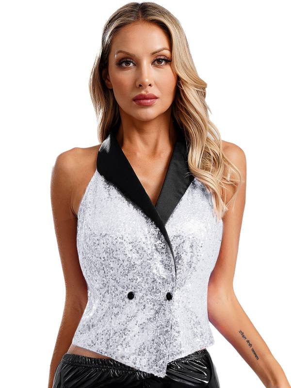 Women V-neck Lapel Sleeveless Sequin Button Top for Evening Party thumb