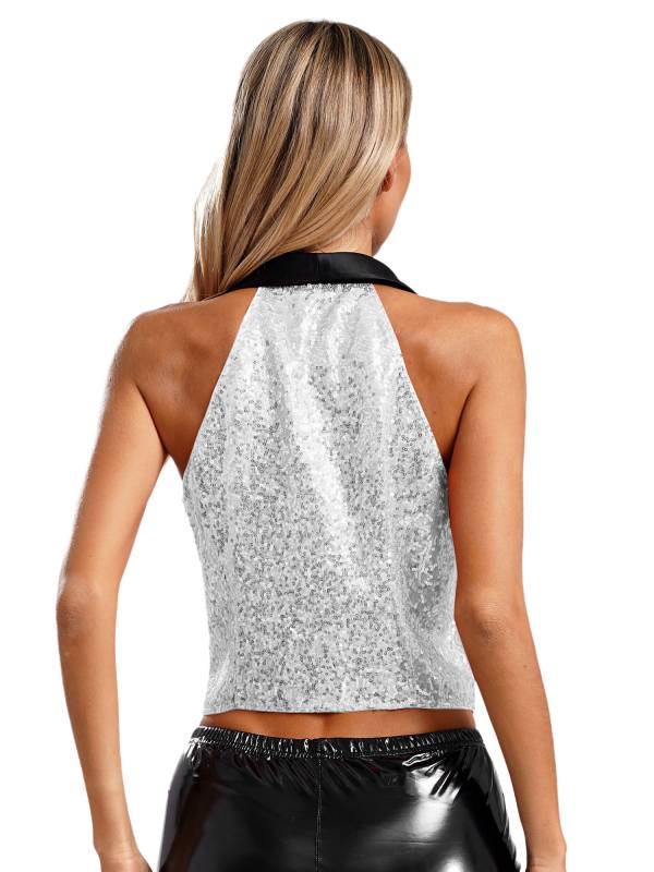 Women V-neck Lapel Sleeveless Sequin Button Top for Evening Party thumb