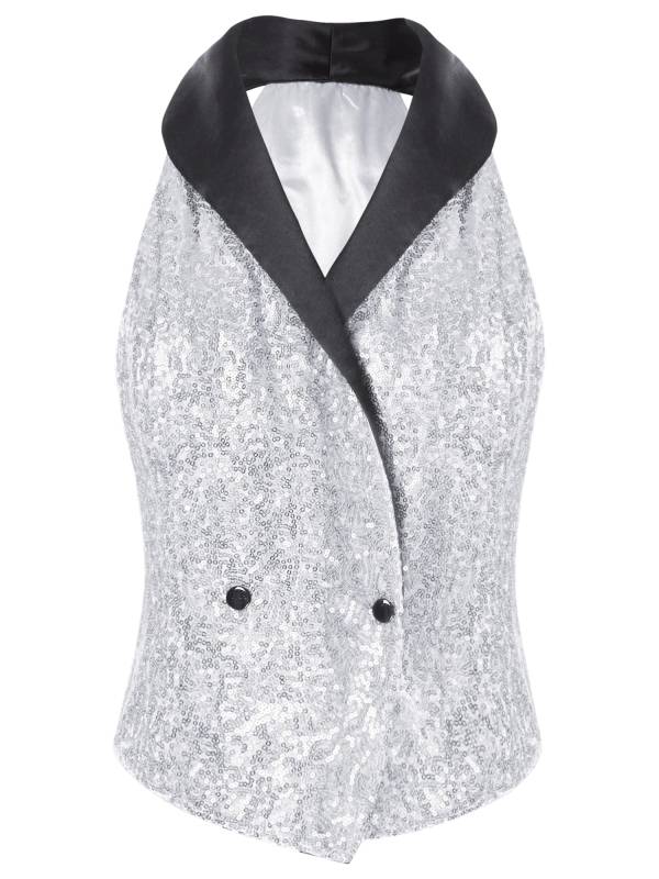 Women V-neck Lapel Sleeveless Sequin Button Top for Evening Party thumb