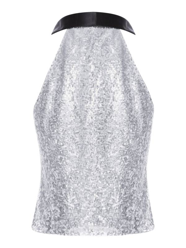 Women V-neck Lapel Sleeveless Sequin Button Top for Evening Party thumb
