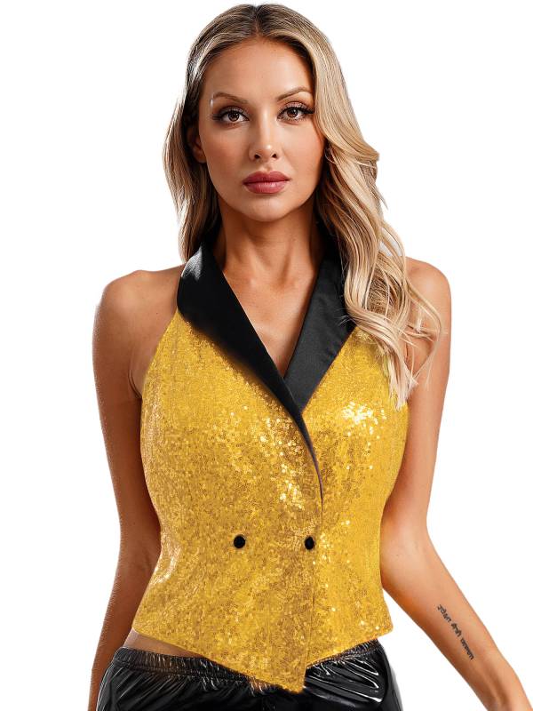 Women V-neck Lapel Sleeveless Sequin Button Top for Evening Party thumb