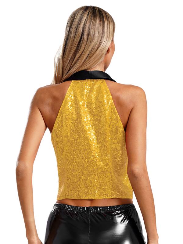 Women V-neck Lapel Sleeveless Sequin Button Top for Evening Party thumb