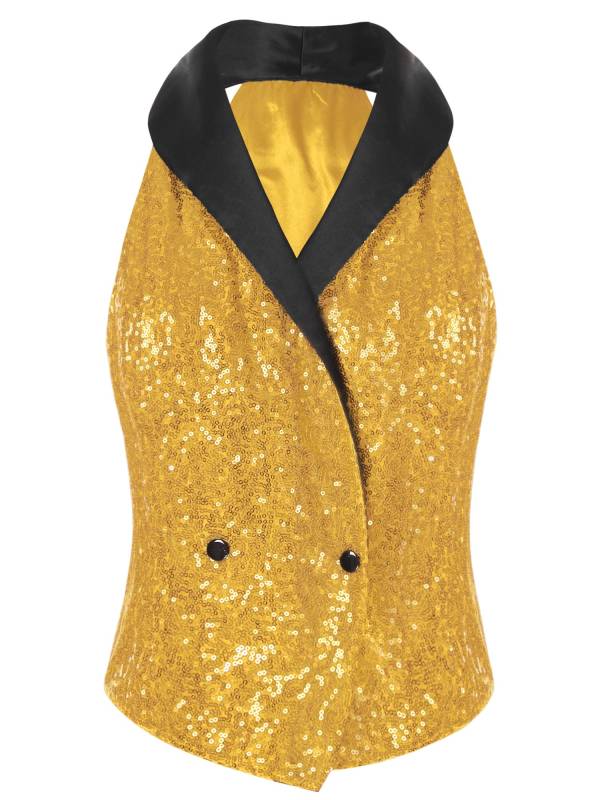 Women V-neck Lapel Sleeveless Sequin Button Top for Evening Party thumb
