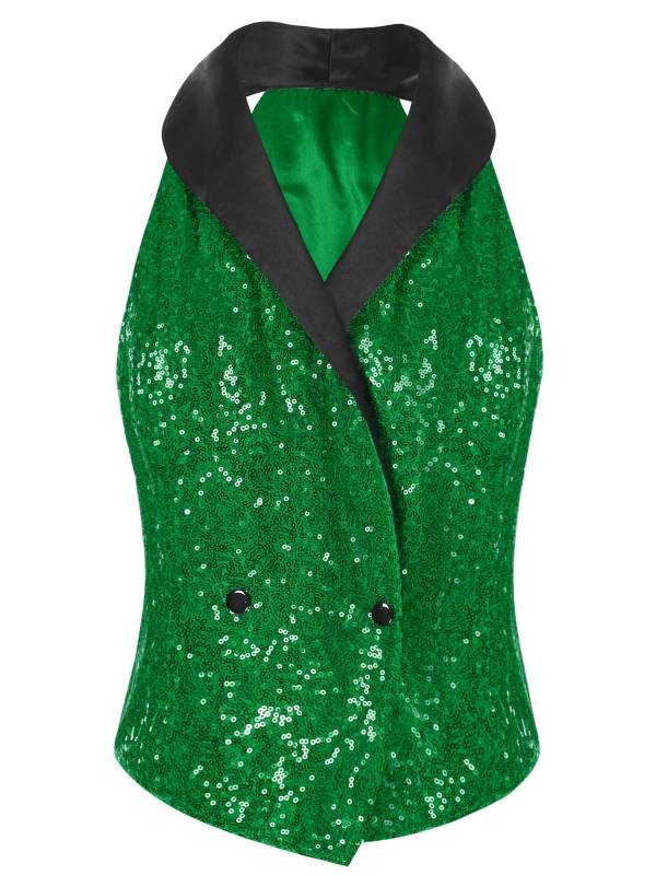 Women V-neck Lapel Sleeveless Sequin Button Top for Evening Party thumb