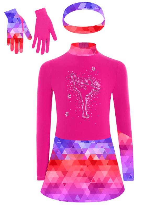 Kids Girls Long Sleeve Shiny Rhinestones Skating Dress with Gloves Headband thumb