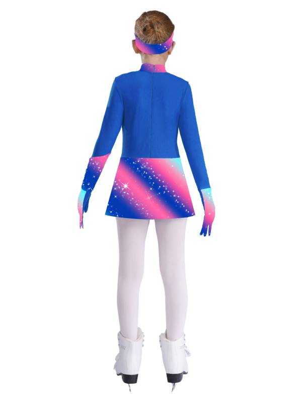 Kids Girls Long Sleeve Shiny Rhinestones Skating Dress with Gloves Headband thumb