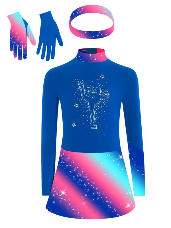Kids Girls Long Sleeve Shiny Rhinestones Skating Dress with Gloves Headband thumb