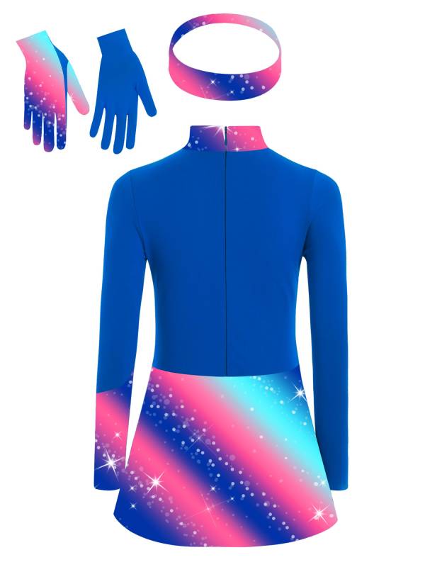 Kids Girls Long Sleeve Shiny Rhinestones Skating Dress with Gloves Headband thumb