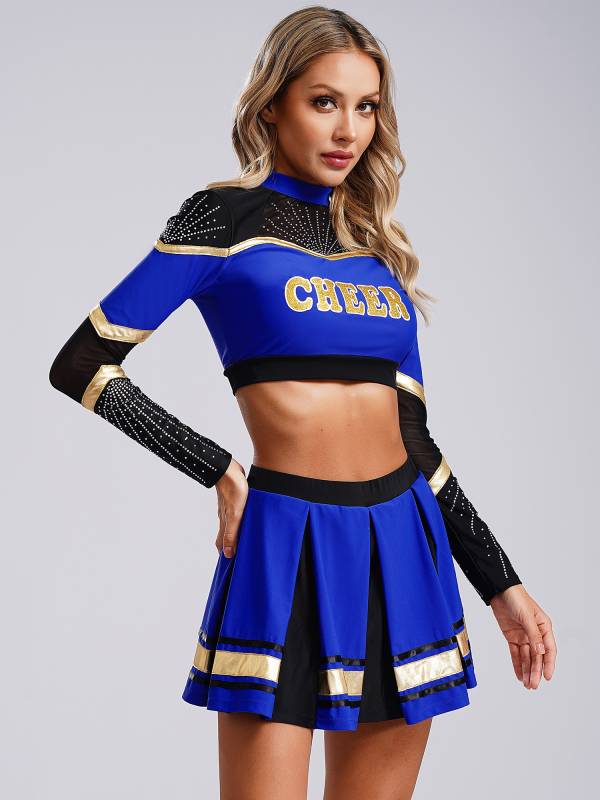 Women 2pcs Cheerleading Outfit Long Sleeve Sequins Crop Top and Pleated Skirt thumb