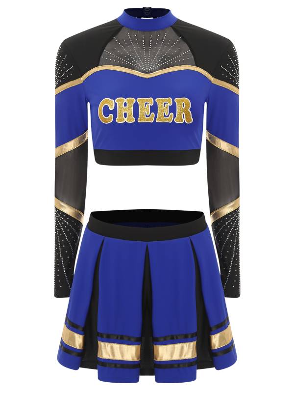 Women 2pcs Cheerleading Outfit Long Sleeve Sequins Crop Top and Pleated Skirt thumb