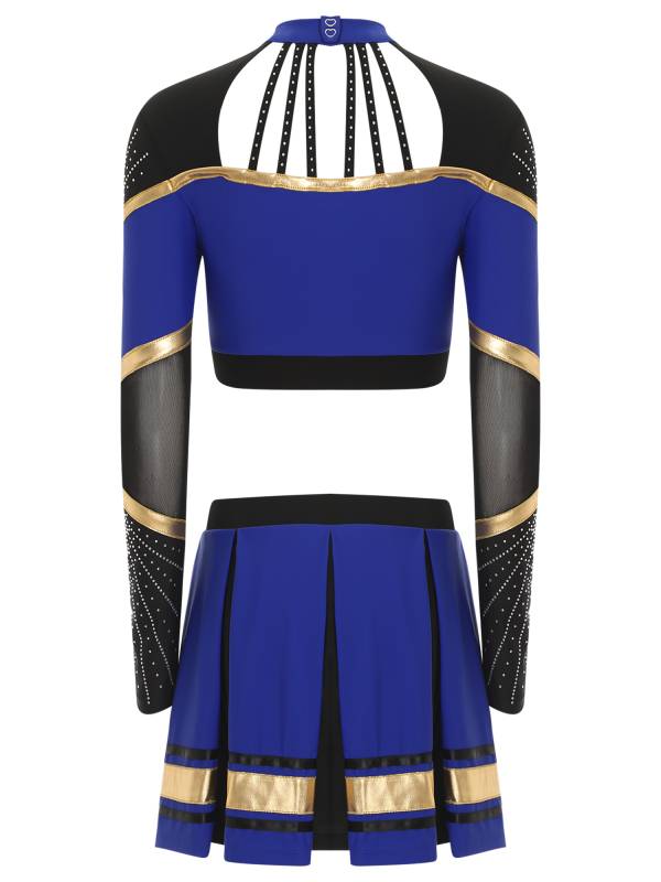 Women 2pcs Cheerleading Outfit Long Sleeve Sequins Crop Top and Pleated Skirt thumb