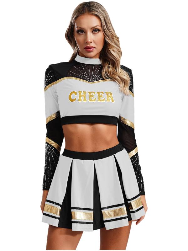 Women 2pcs Cheerleading Outfit Long Sleeve Sequins Crop Top and Pleated Skirt thumb