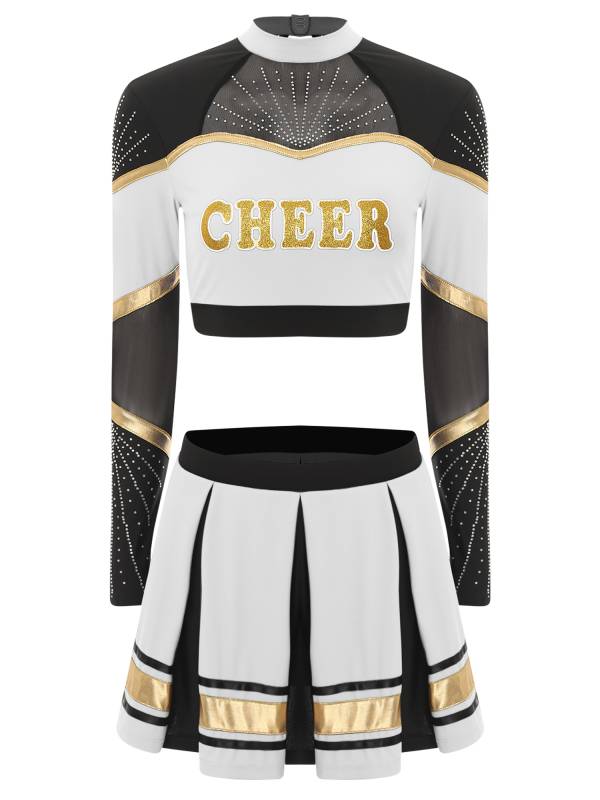 Women 2pcs Cheerleading Outfit Long Sleeve Sequins Crop Top and Pleated Skirt thumb
