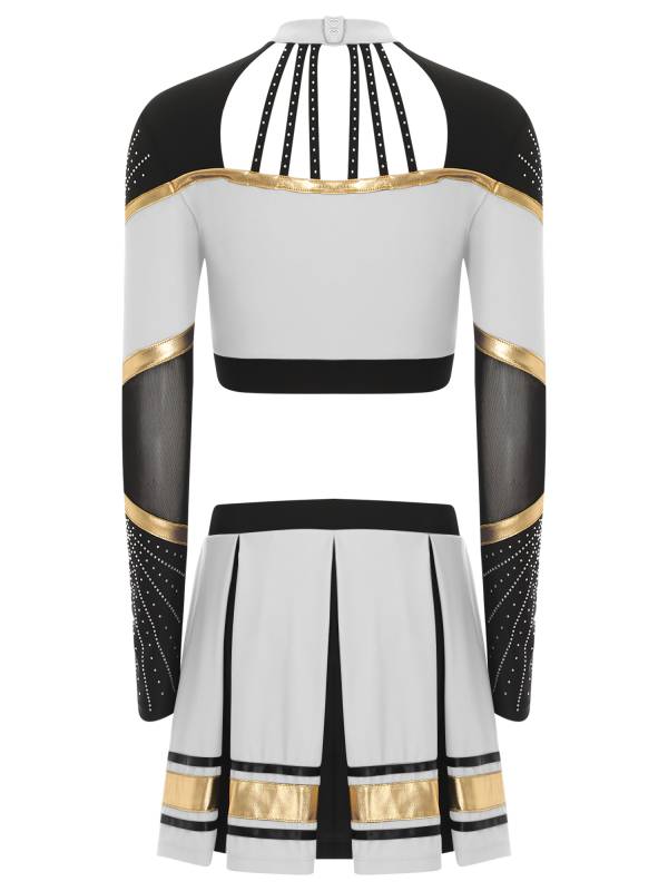 Women 2pcs Cheerleading Outfit Long Sleeve Sequins Crop Top and Pleated Skirt thumb