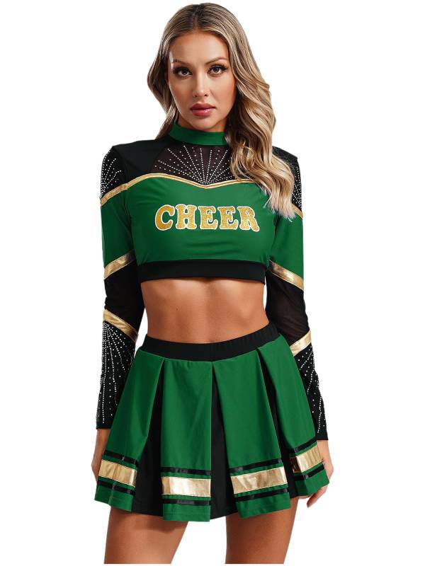 Women 2pcs Cheerleading Outfit Long Sleeve Sequins Crop Top and Pleated Skirt thumb