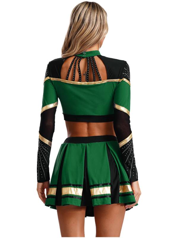Women 2pcs Cheerleading Outfit Long Sleeve Sequins Crop Top and Pleated Skirt thumb