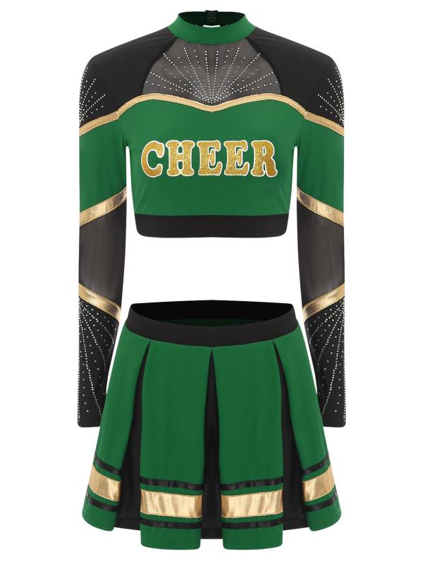 Women 2pcs Cheerleading Outfit Long Sleeve Sequins Crop Top and Pleated Skirt thumb
