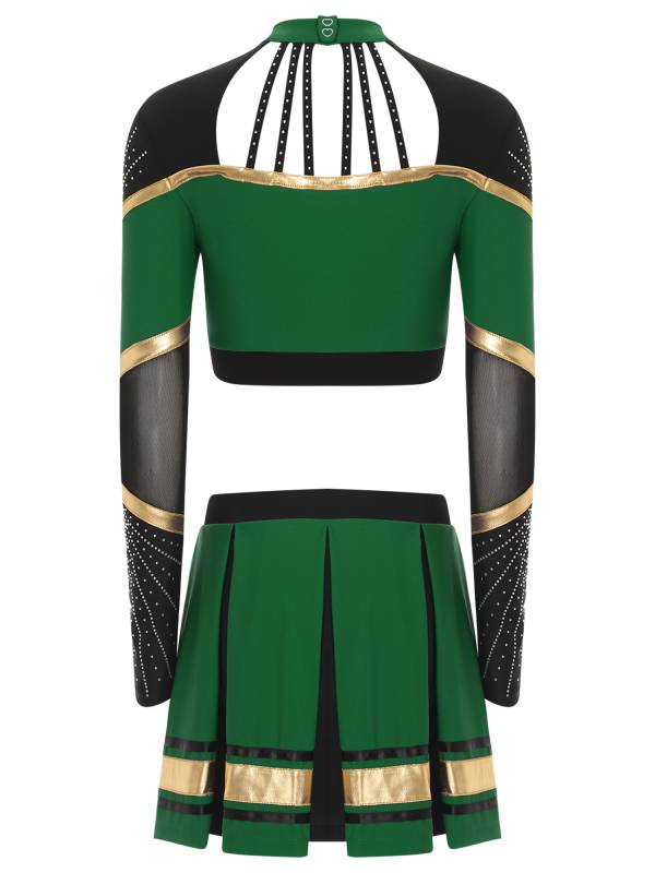 Women 2pcs Cheerleading Outfit Long Sleeve Sequins Crop Top and Pleated Skirt thumb