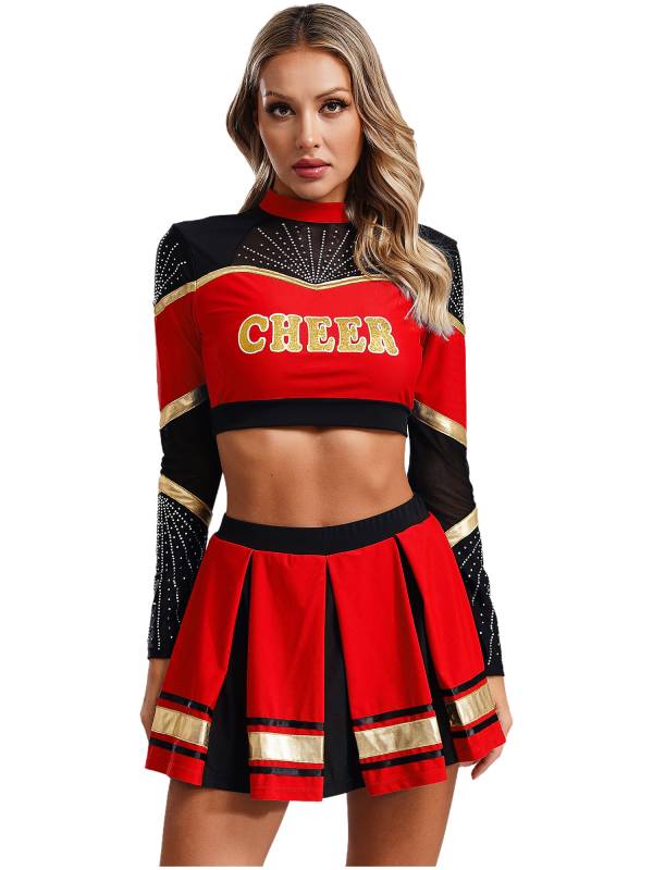 Women 2pcs Cheerleading Outfit Long Sleeve Sequins Crop Top and Pleated Skirt thumb