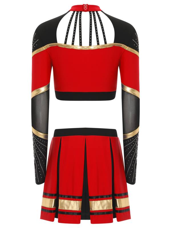 Women 2pcs Cheerleading Outfit Long Sleeve Sequins Crop Top and Pleated Skirt thumb