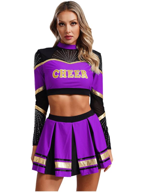 Women 2pcs Cheerleading Outfit Long Sleeve Sequins Crop Top and Pleated Skirt thumb